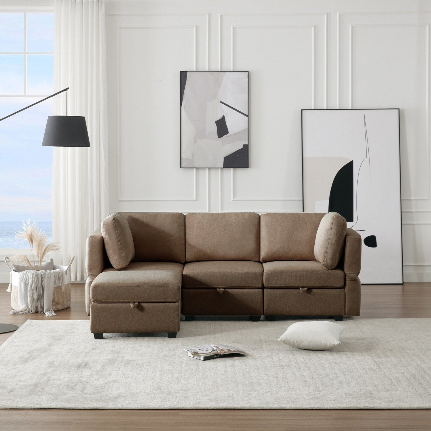 Divano componibile modulare marrone da 87,9'' a 3 posti con pouf, braccioli e schienali regolabili, sedili contenitore e cuscini spessi