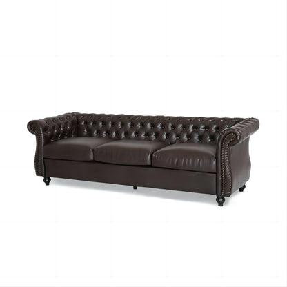 Divano Chesterfield marrone 84.75 imbottito con bottoni, 3 posti, borchie e gambe in legno per soggiorno