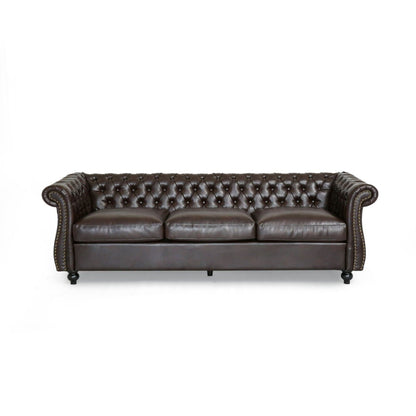 Divano Chesterfield marrone 84.75 imbottito con bottoni, 3 posti, borchie e gambe in legno per soggiorno