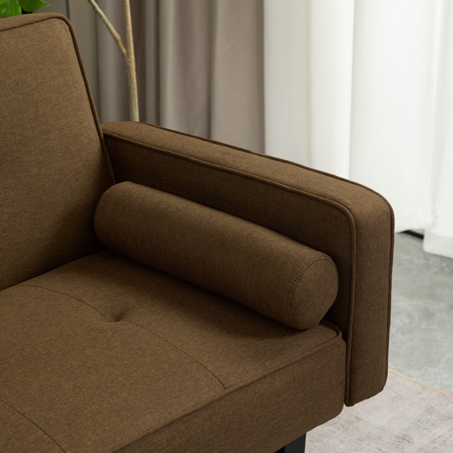 Divano letto futon convertibile marrone a 3 posti con gambe in legno