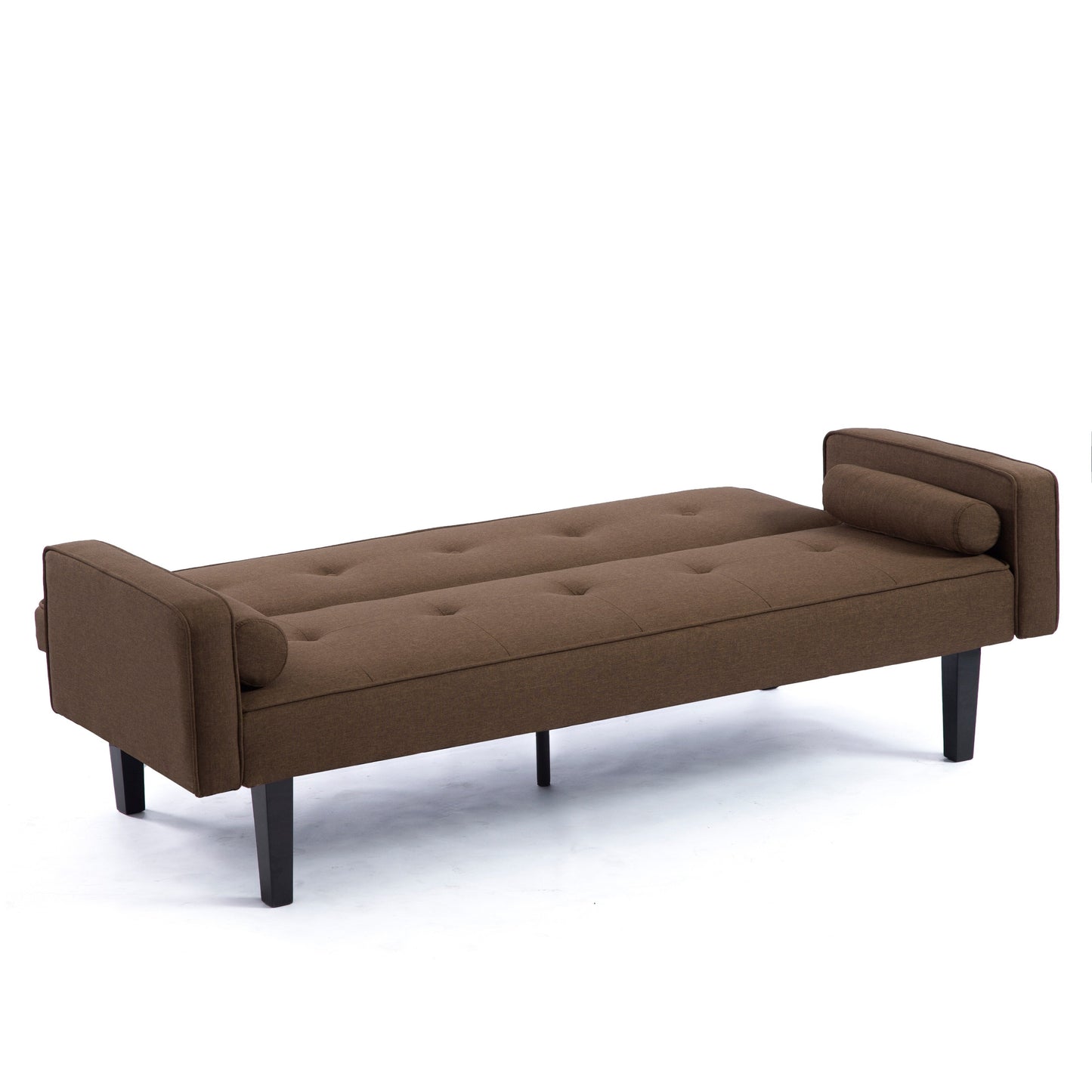 Divano letto futon convertibile marrone a 3 posti con gambe in legno