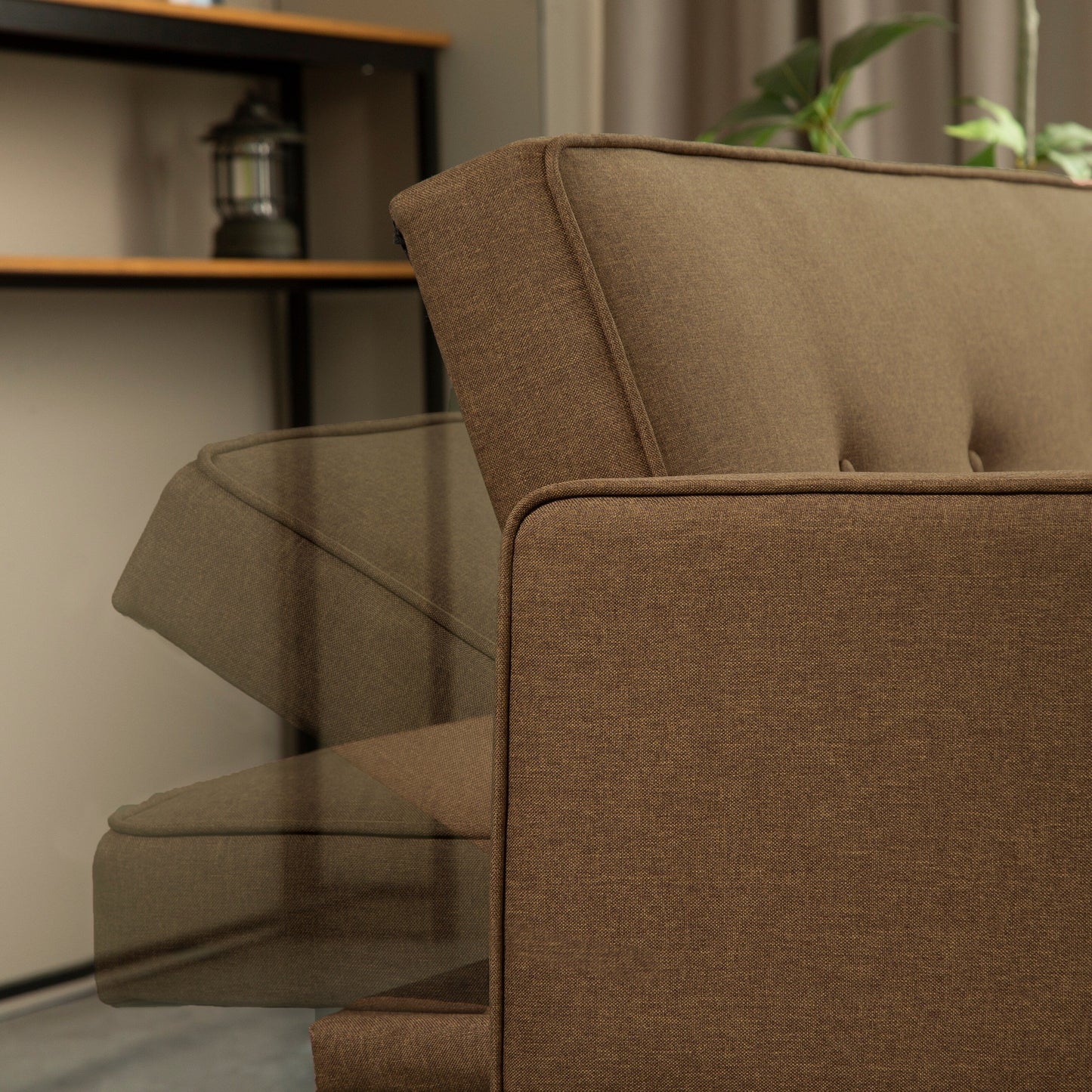 Divano letto futon convertibile marrone a 3 posti con gambe in legno