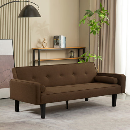 Divano letto futon convertibile marrone a 3 posti con gambe in legno