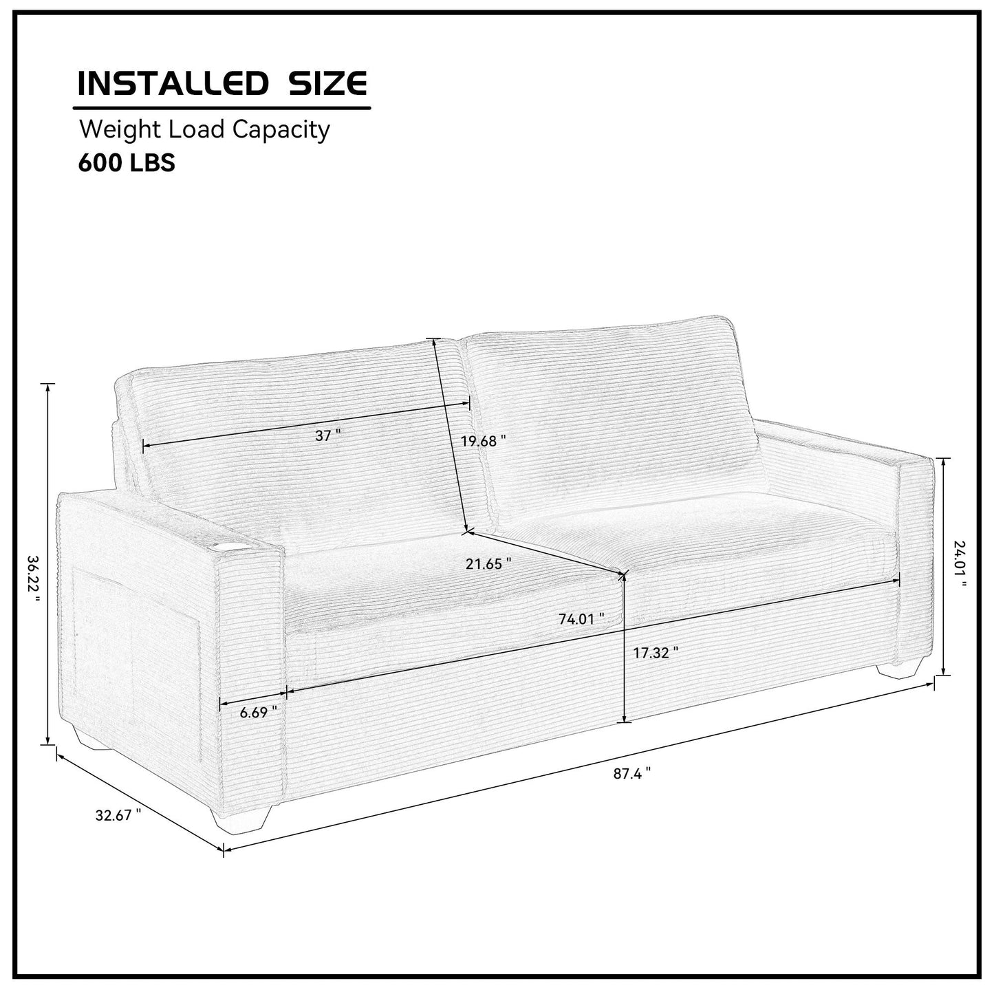 Divano a 3 posti in velluto a coste marrone con portabicchieri e contenitore