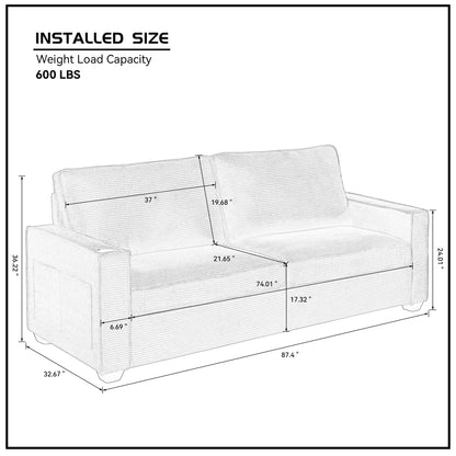 Divano a 3 posti in velluto a coste marrone con portabicchieri e contenitore