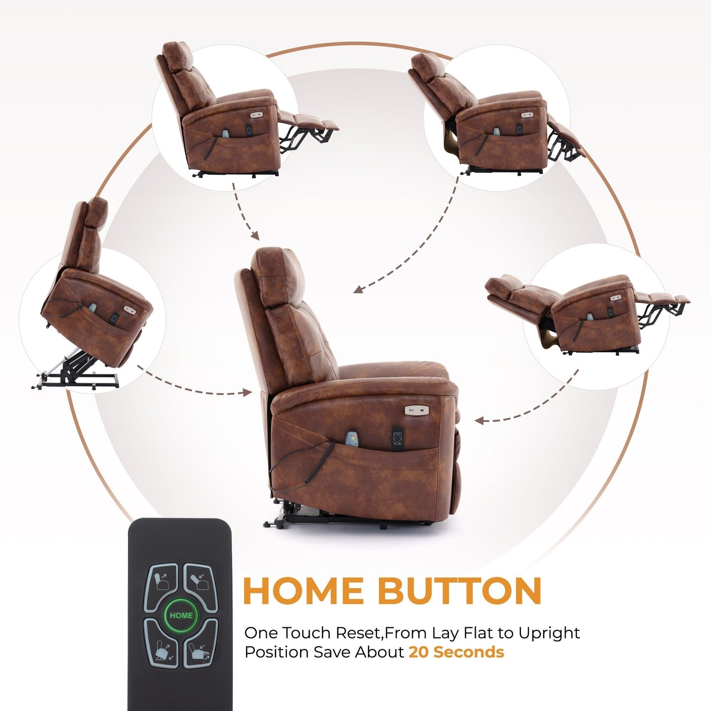 Poltrona reclinabile elettrica a doppio motore marrone con massaggio e porte USB