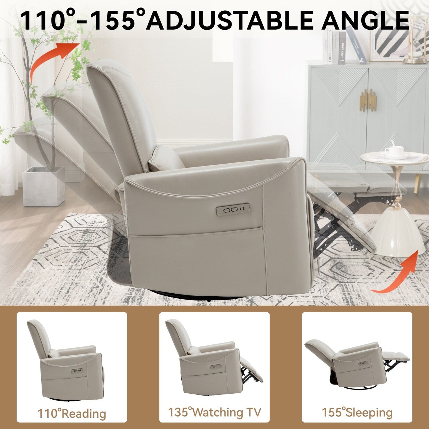 Poltrona reclinabile ergonomica marrone con girevole, oscillante e porte USB