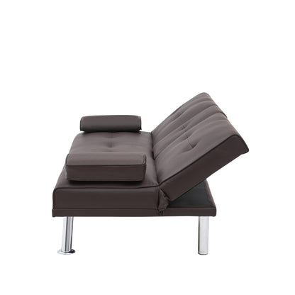 Divano letto pieghevole in similpelle marrone con gambe in metallo e portabicchieri