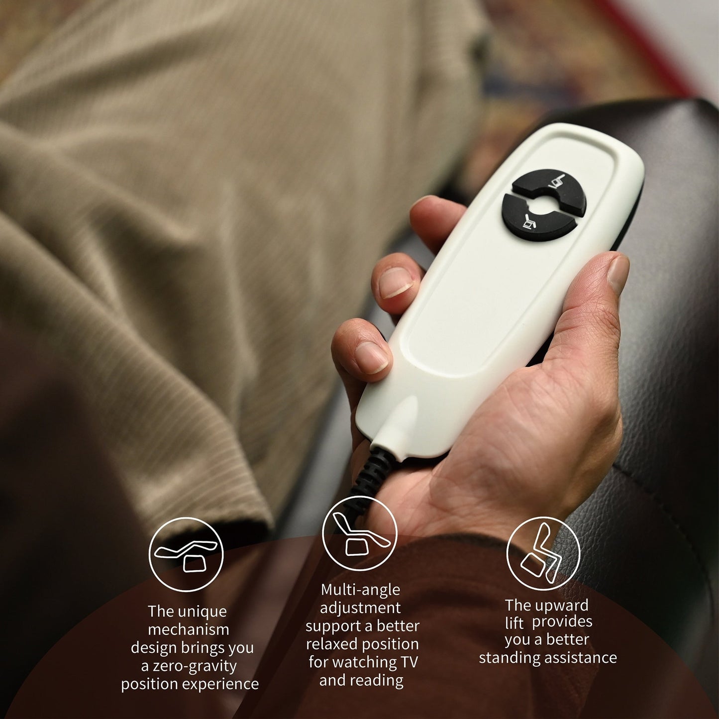 Poltrone reclinabili marroni comode in similpelle, divani reclinabili elettrici con porta USB per soggiorno