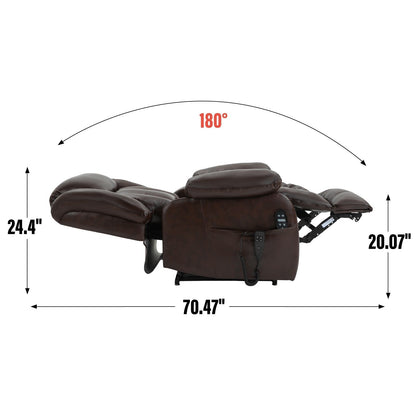 Poltrona reclinabile elettrica marrone di medie dimensioni in vera pelle con doppi motori, massaggio a 8 punti, riscaldamento lombare
