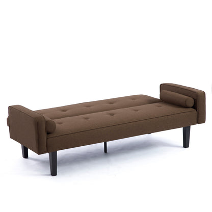 Divano letto futon convertibile a 3 posti, moderno, marrone, 71,65, con gambe in legno massello e cuscini per soggiorno