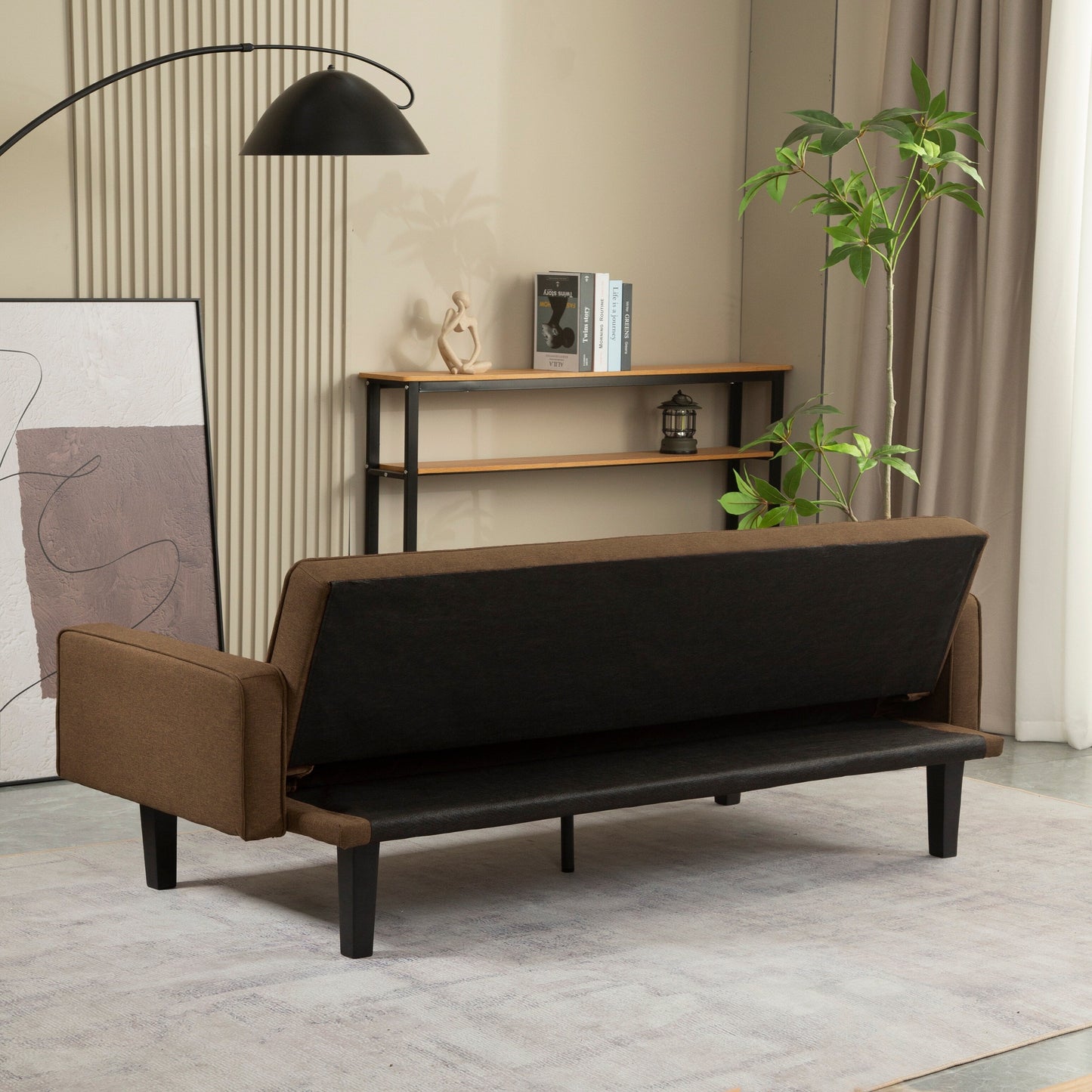 Divano letto futon convertibile a 3 posti, moderno, marrone, 71,65, con gambe in legno massello e cuscini per soggiorno