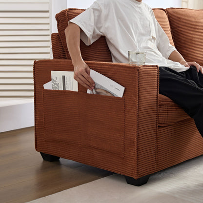 Divano a 3 posti in velluto a coste marrone moderno 87,4 con seduta profonda, portabicchieri e borse portaoggetti per soggiorno