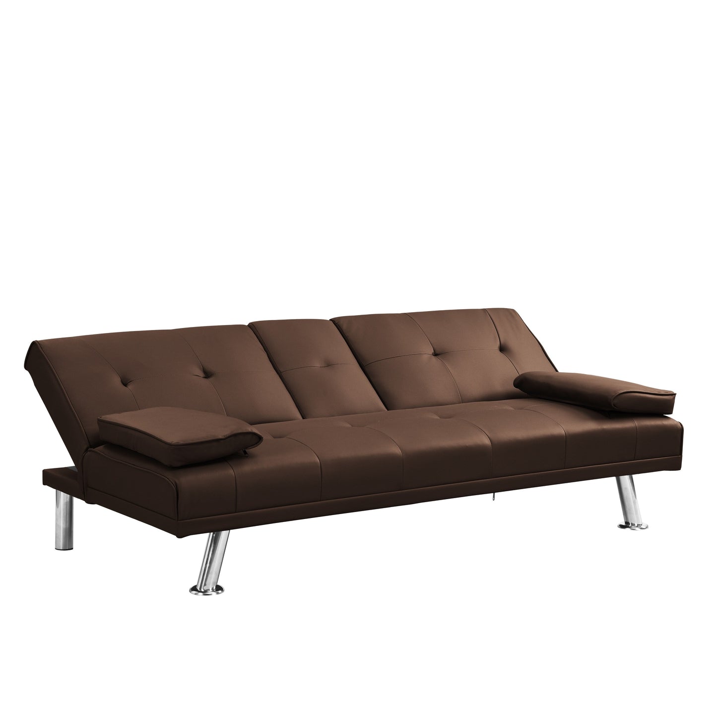 Divano letto a due posti in PVC marrone con struttura in legno