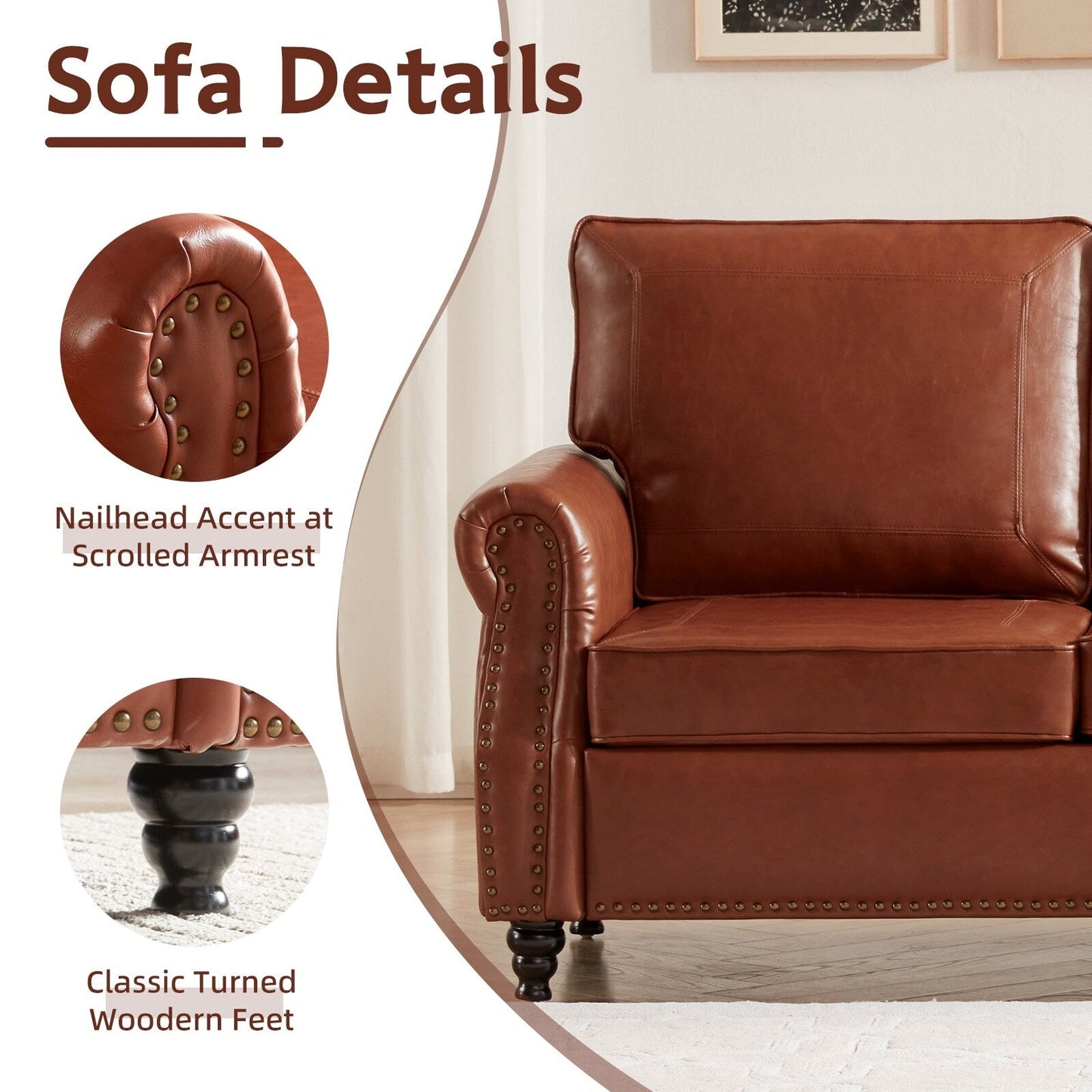 Divano a 3 posti in similpelle marrone+marrone chiaro 79 con braccioli arrotolati, borchie e gambe in legno per soggiorno