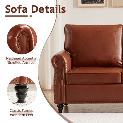 Divano a 3 posti in similpelle marrone chiaro con braccioli arrotolati e borchie