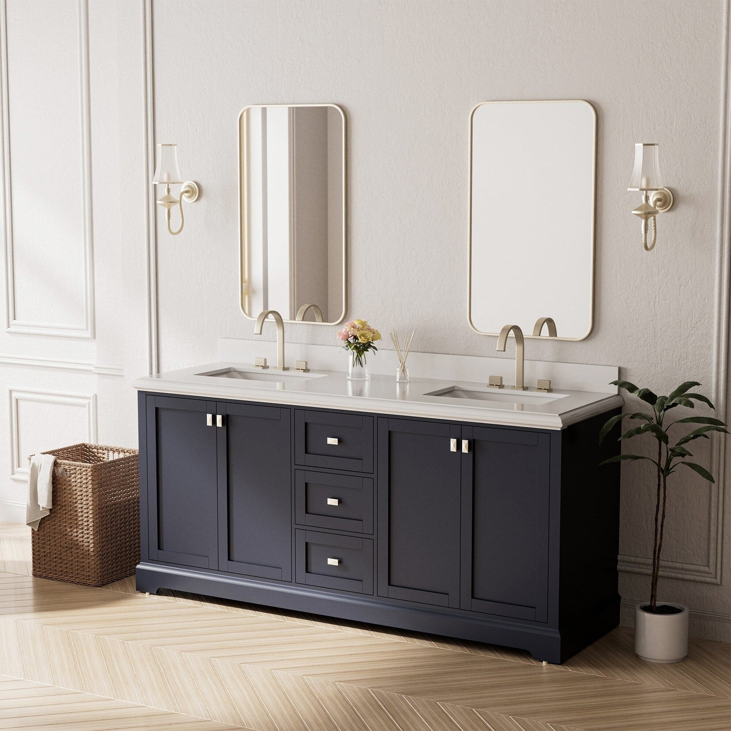 Rubinetto per lavabo da bagno a 3 fori con doppia maniglia, finitura oro spazzolato