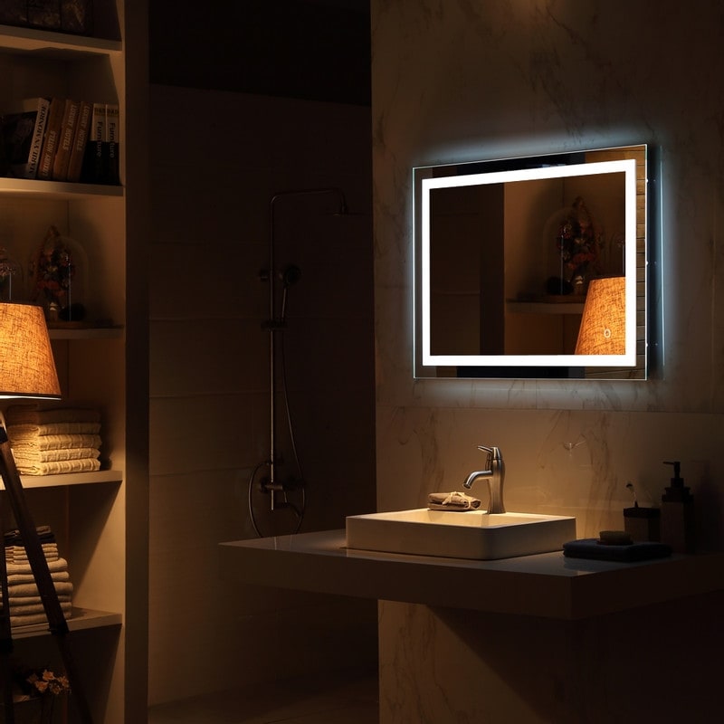 Specchio da bagno con striscia luminosa LED touch integrata, argento