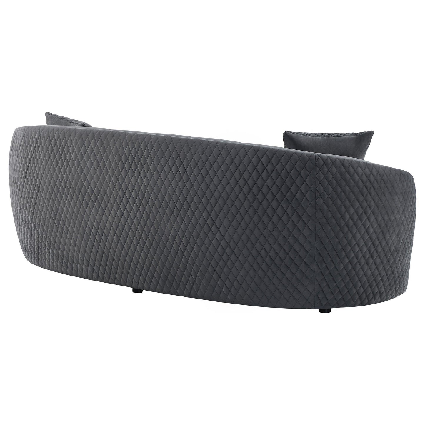 Divano curvo Buo, 92 pollici, poliestere grigio scuro, finiture dorate, 3 cuscini