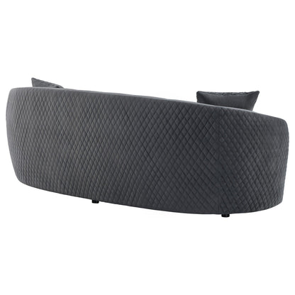 Divano curvo Buo, 92 pollici, poliestere grigio scuro, finiture dorate, 3 cuscini