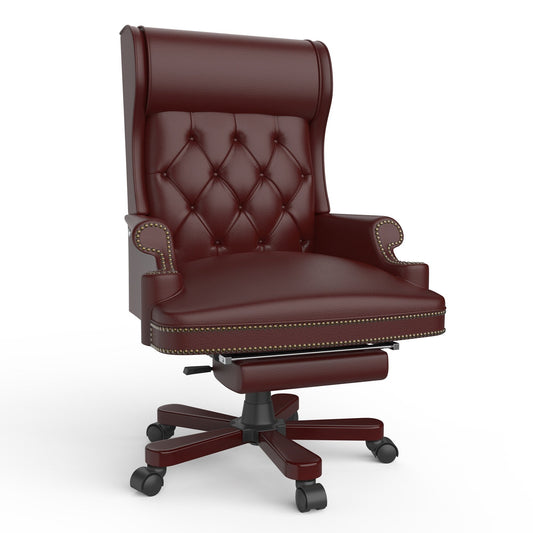 Poltrona girevole ergonomica da ufficio in similpelle color bordeaux con poggiapiedi, schienale con bottoni trapuntati e decorazione con borchie
