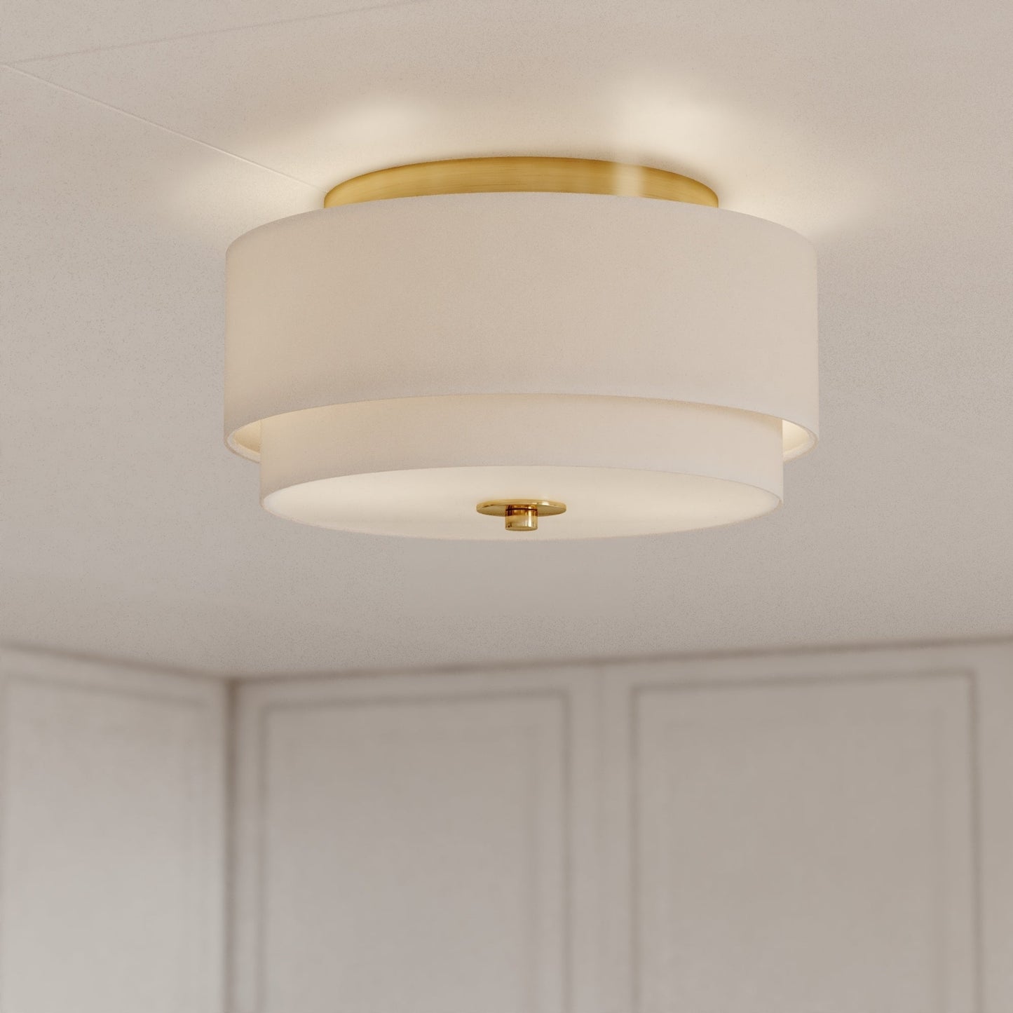 Lampada da soffitto Burnaby Mid-Century Modern con paralume a tamburo in lino bianco