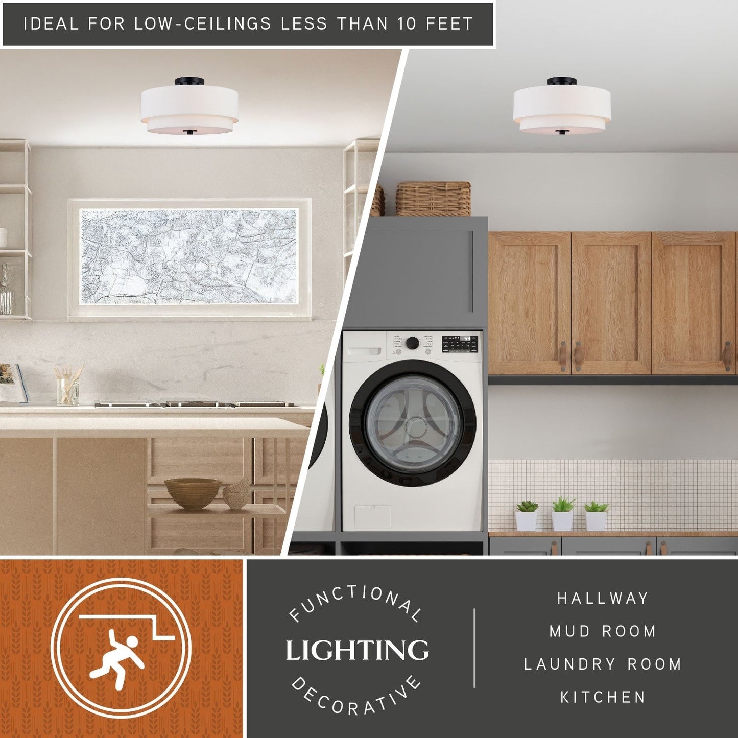 Lampada da soffitto Burnaby Mid-Century Modern con paralume a tamburo in lino bianco