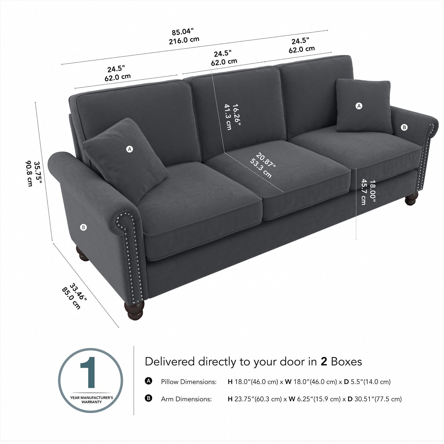 Divano grande da soggiorno a 3 posti Coventry 85W di Bush Furniture