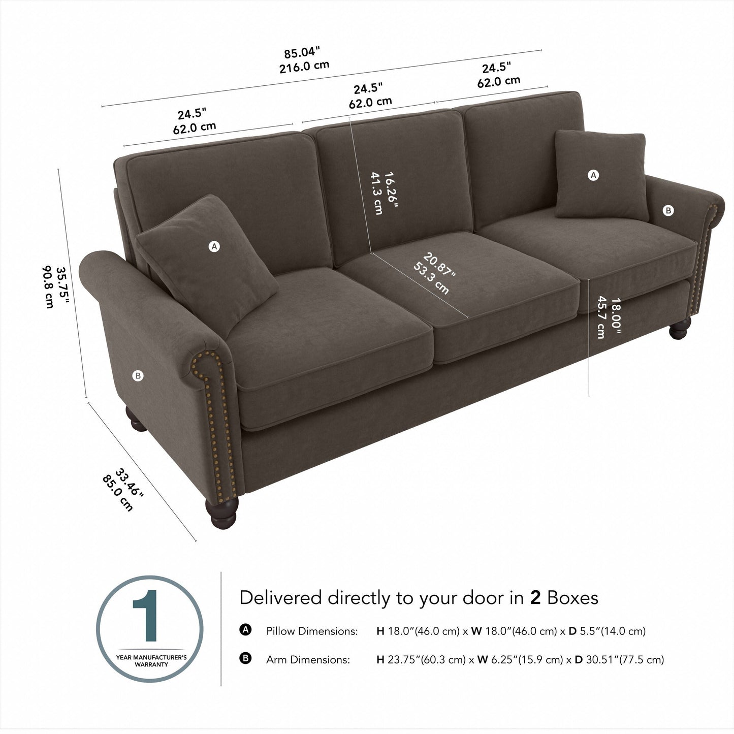 Divano grande da soggiorno a 3 posti Coventry 85W di Bush Furniture