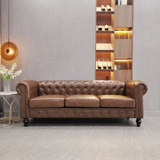 Divano Chesterfield a 3 posti con bottoni, divano in pelle per soggiorno, divano con braccioli arrotolati e 4 gambe a forma di zucca, marrone