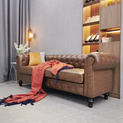 Divano Chesterfield a 3 posti con bottoni, divano in pelle per soggiorno, divano con braccioli arrotolati e 4 gambe a forma di zucca, marrone