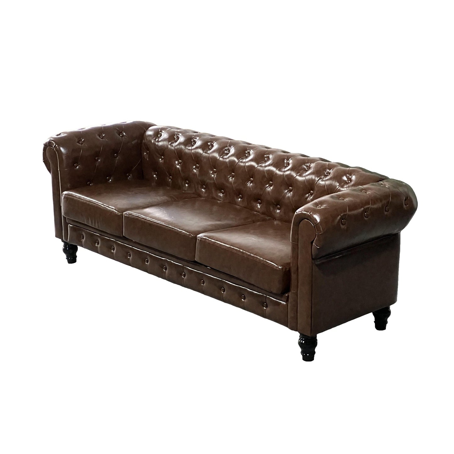 Divano Chesterfield a 3 posti con bottoni, divano in pelle per soggiorno, divano con braccioli arrotolati e 4 gambe a forma di zucca, marrone