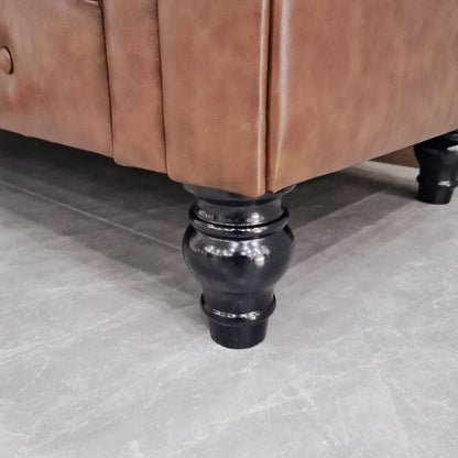 Divano Chesterfield a 3 posti con bottoni, divano in pelle per soggiorno, divano con braccioli arrotolati e 4 gambe a forma di zucca, marrone