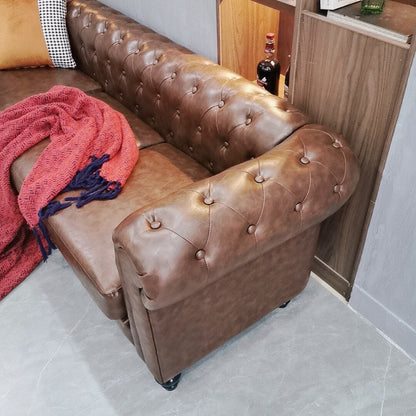 Divano Chesterfield a 3 posti con bottoni, divano in pelle per soggiorno, divano con braccioli arrotolati e 4 gambe a forma di zucca, marrone