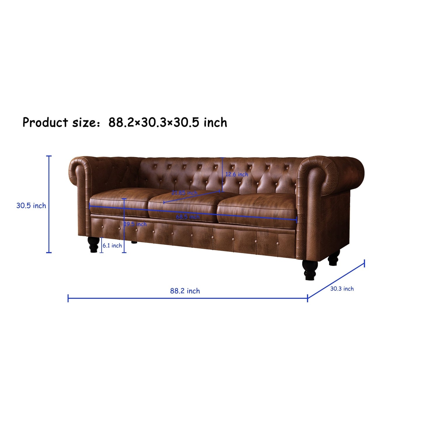Divano Chesterfield a 3 posti con bottoni, divano in pelle per soggiorno, divano con braccioli arrotolati e 4 gambe a forma di zucca, marrone
