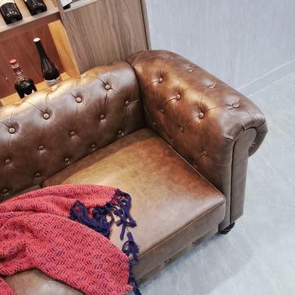 Divano Chesterfield a 3 posti con bottoni, divano in pelle per soggiorno, divano con braccioli arrotolati e 4 gambe a forma di zucca, marrone