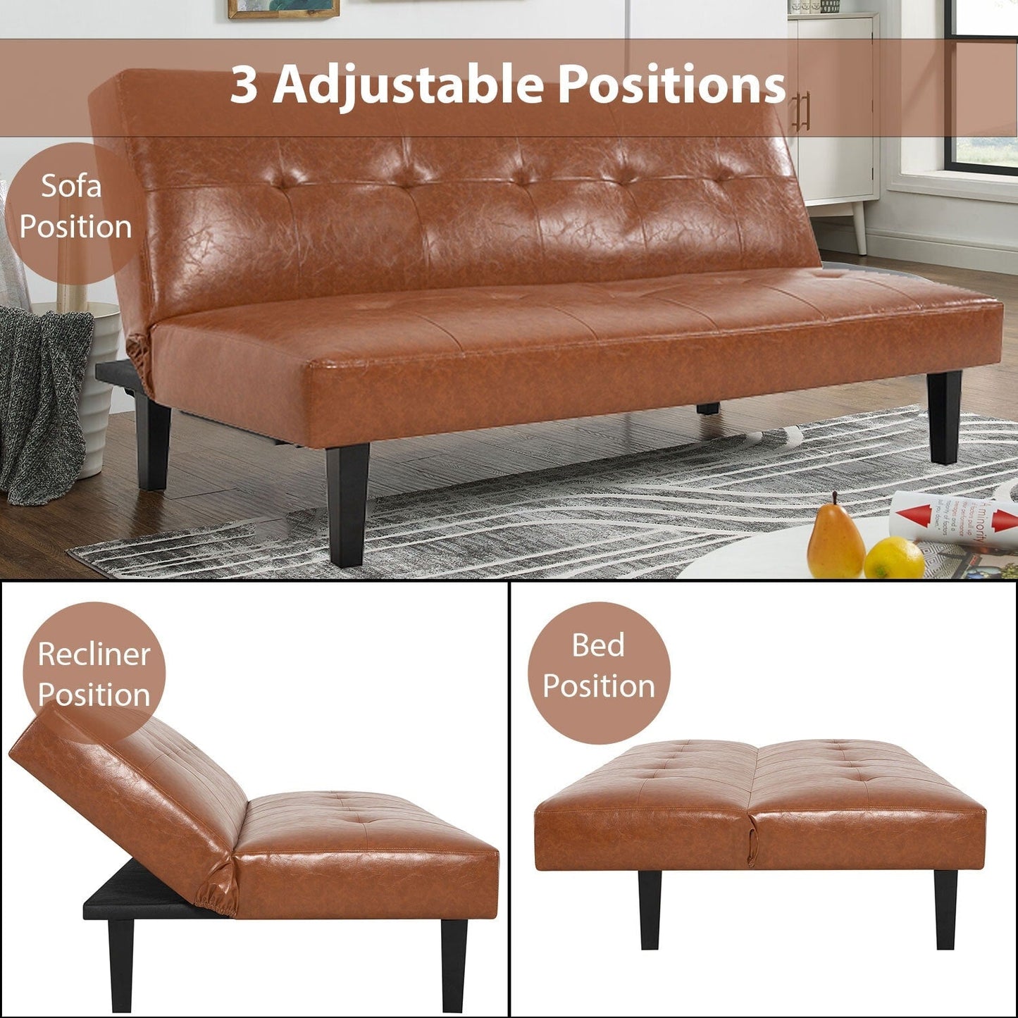 Collezione Ultimate Futon Sofa: Divano Futon con braccioli e portabicchieri, Divano imbottito con bottoni e gambe in legno