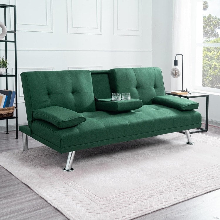 Collezione Ultimate Futon Sofa: Divano Futon con braccioli e portabicchieri, Divano imbottito con bottoni e gambe in legno
