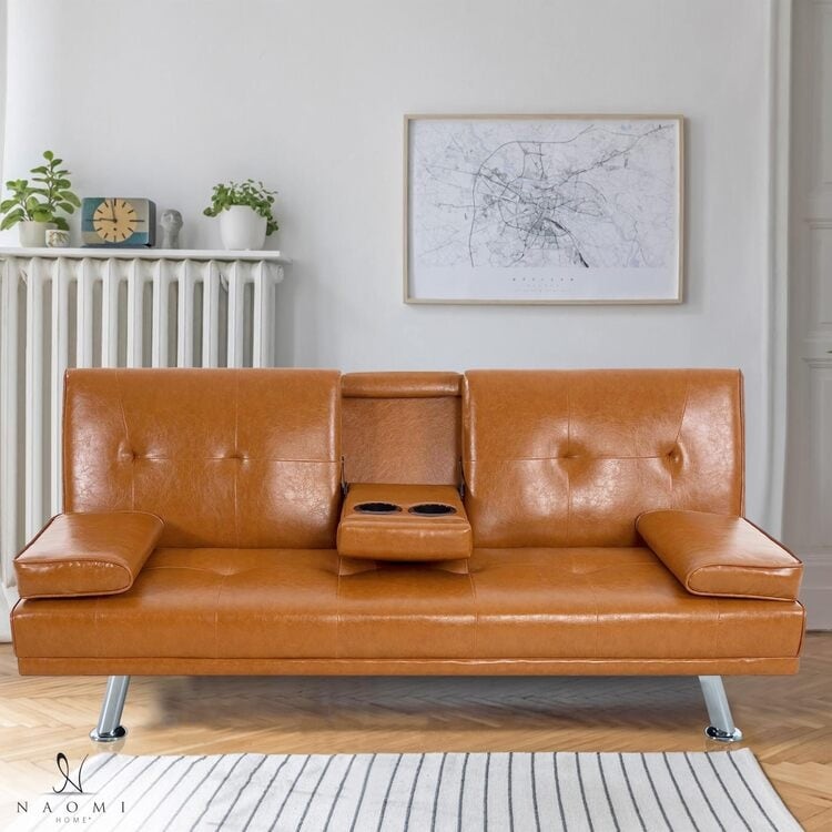 Collezione Ultimate Futon Sofa: Divano Futon con braccioli e portabicchieri, Divano imbottito con bottoni e gambe in legno