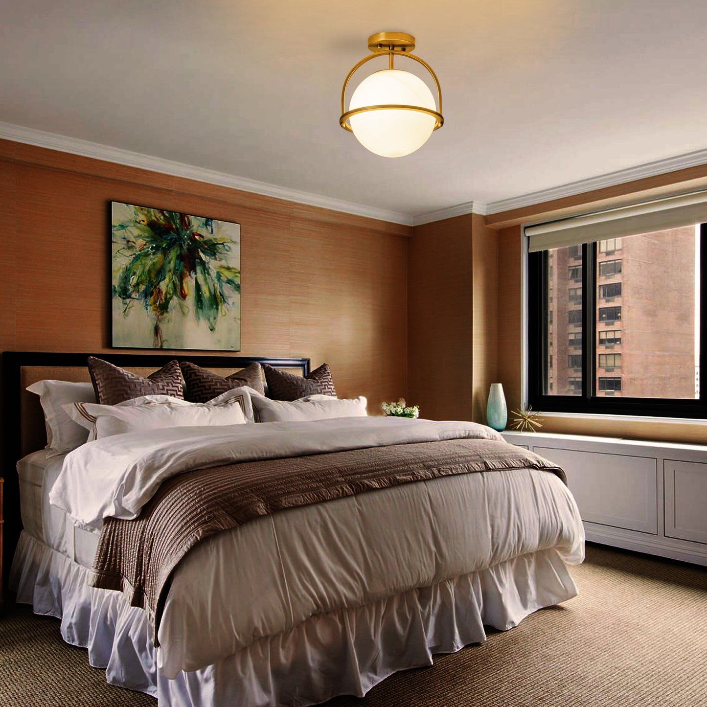 C Cattleya Lampada da soffitto a 1 luce in ottone anticato con paralume in vetro opalino - Ottone anticato