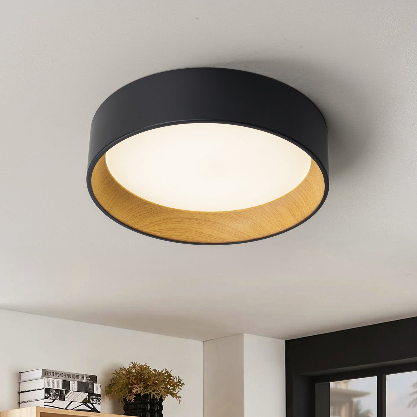 Lampada da soffitto a filo LED integrata Cattleya nera e effetto legno 3CCT