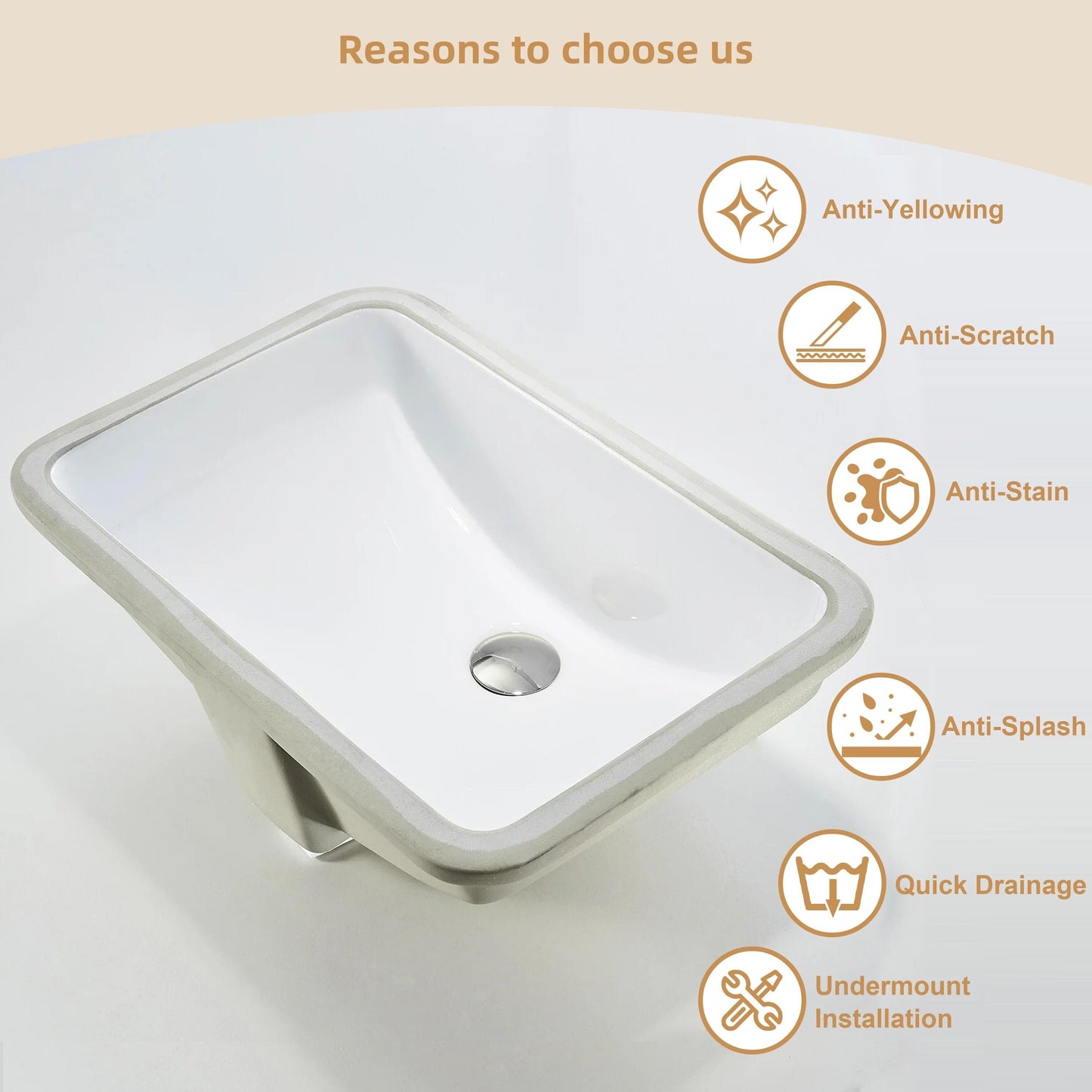 Lavandino da bagno sottotop CB HOME 20'' x 14'', lavabo da bagno rettangolare in ceramica bianca (20-5/8'' x 14-1/2'' x 8-1/4'')