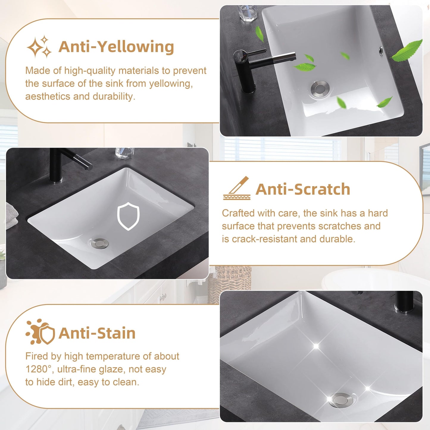 Lavandino da bagno sottotop CB HOME 20'' x 14'', lavabo da bagno rettangolare in ceramica bianca (20-5/8'' x 14-1/2'' x 8-1/4'')