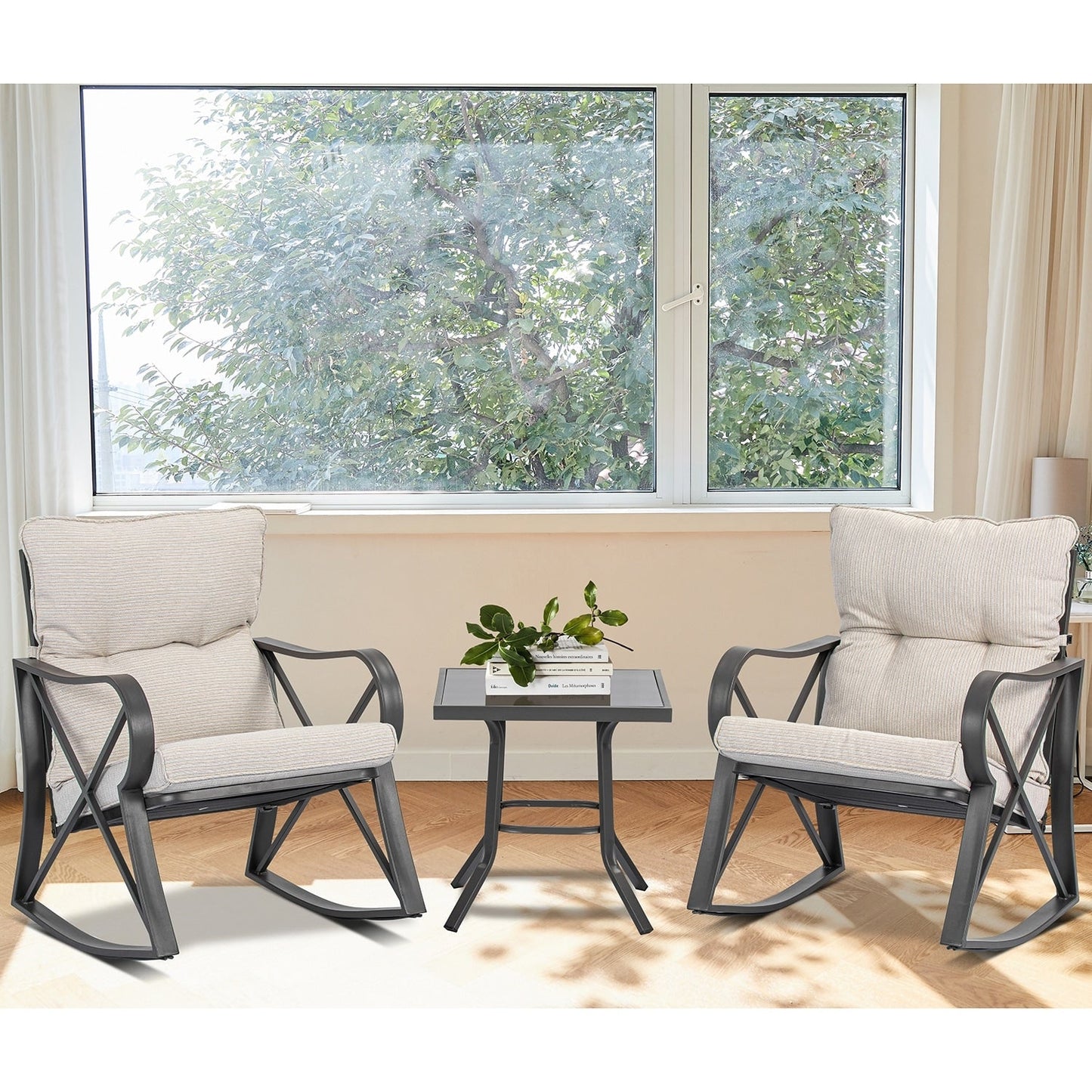 COSIEST - Set di 3 sedie a dondolo da esterno con tavolino laterale
