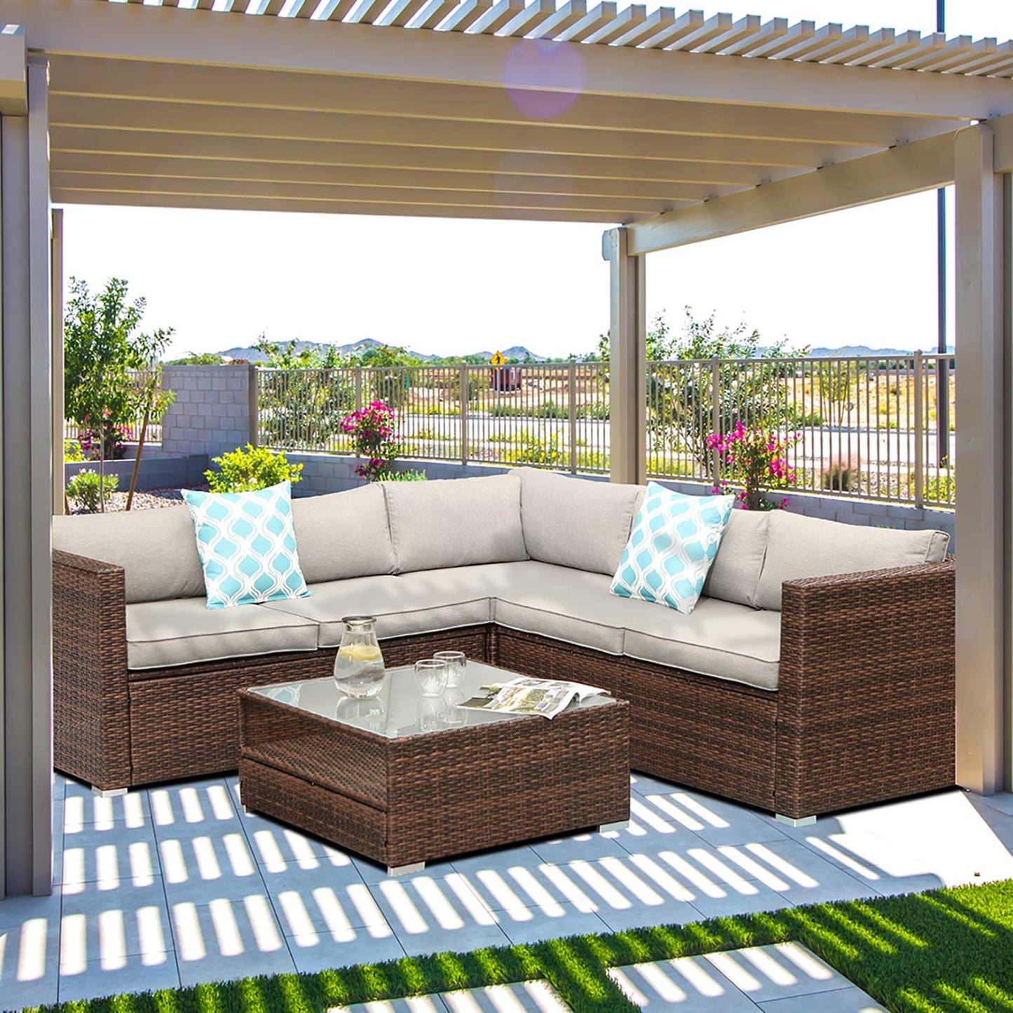 COSIEST Set da esterno in vimini da 4 pezzi con tavolino da caffè