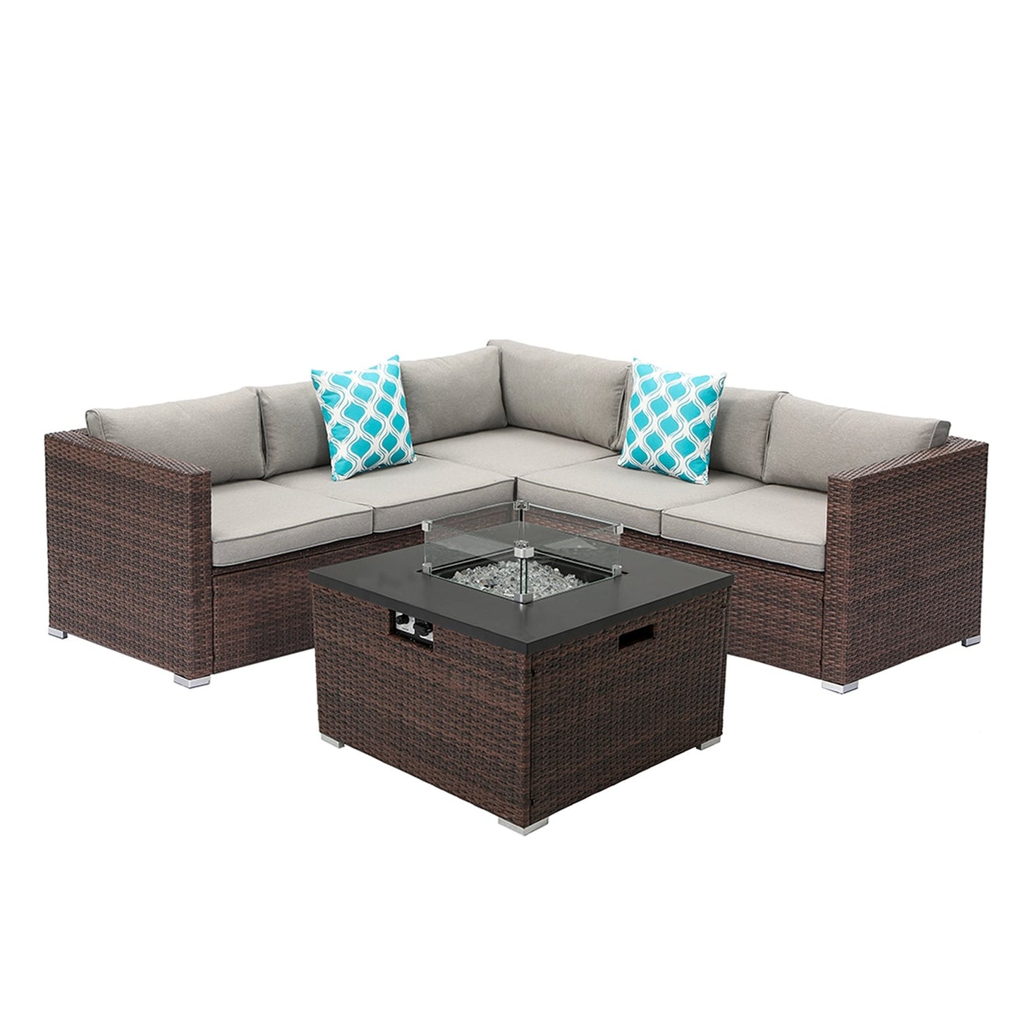 COSIEST - Set di divani componibili in vimini per esterni da 4 pezzi con tavolo per braciere