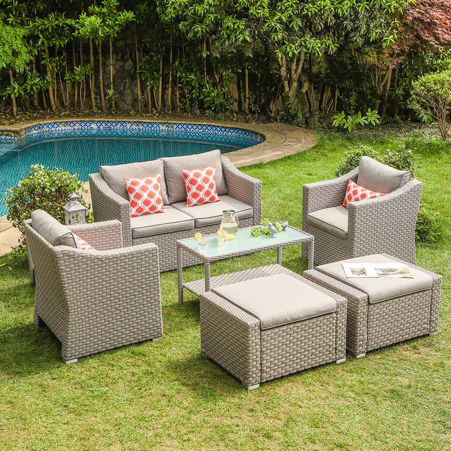 COSIEST Set da conversazione da 7 pezzi con cuscini per mobili da esterno