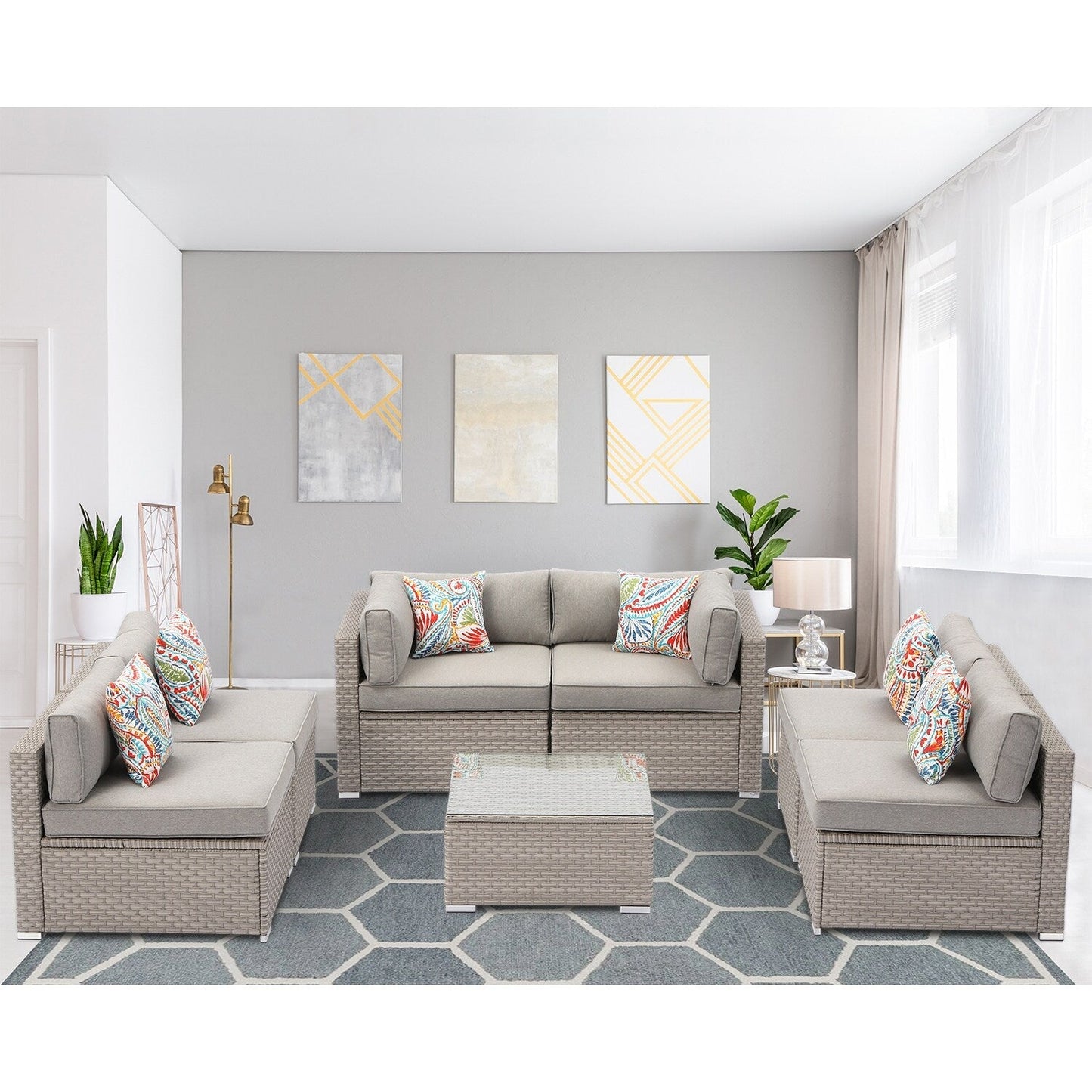 Divano componibile in vimini per patio da esterno COSIEST da 7 pezzi con tavolino da caffè