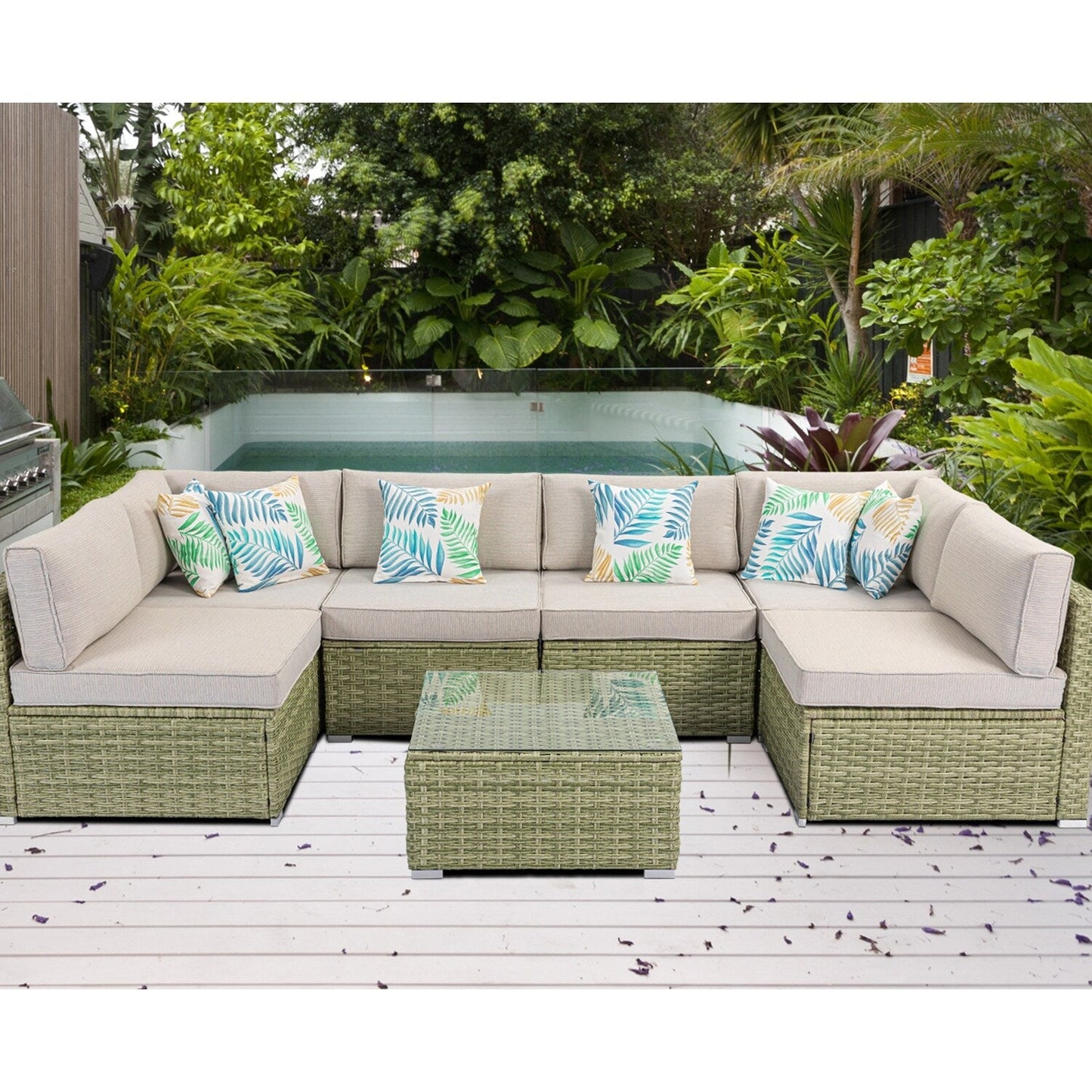 Divano componibile in vimini per patio da esterno COSIEST da 7 pezzi con tavolino da caffè