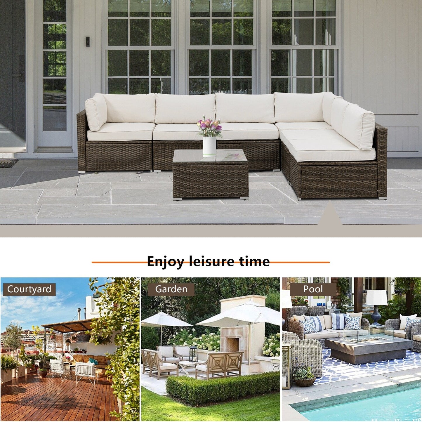 Divano componibile in vimini per patio da esterno COSIEST da 7 pezzi con tavolino da caffè